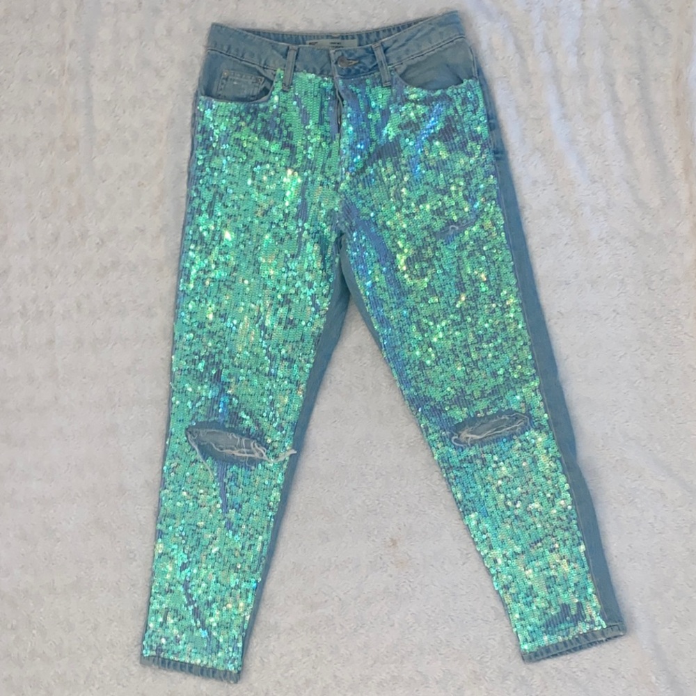 Topshop Mermaid Sequin Boyfriend Distressed Jeans